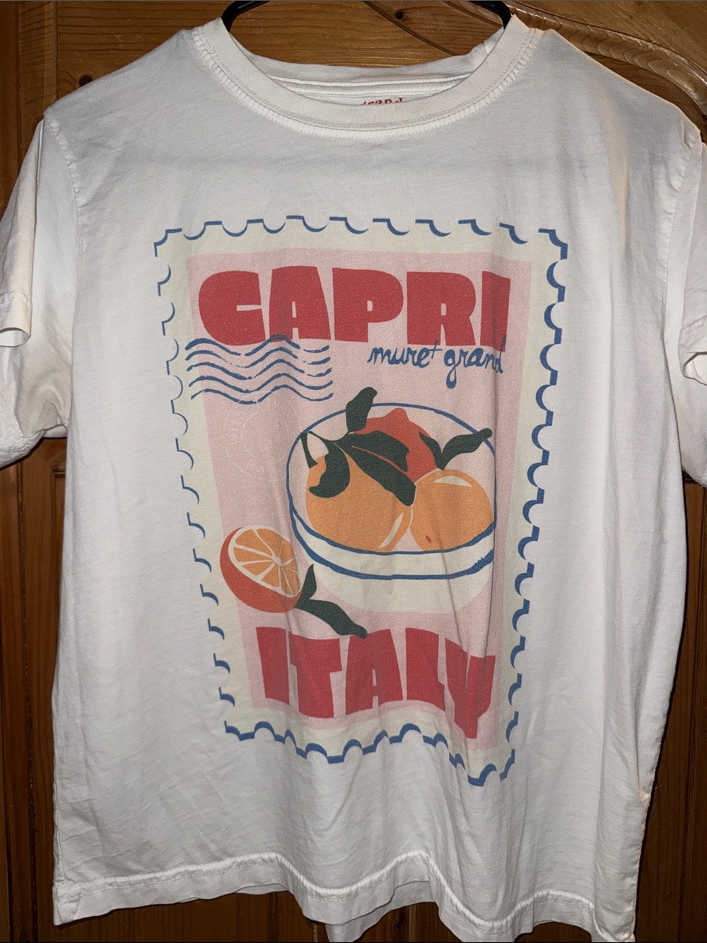 Capri Italy Graphic Tee - White with Coral & Orange Print